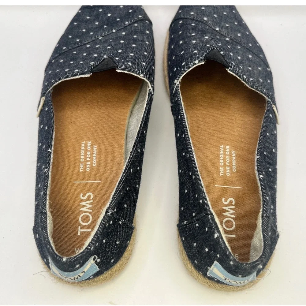 TOMS Women Size‎ 5.5 Black White Polka Dot Espadrille Flats Shoes Canvas Slip On